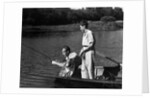 1930s Man Father Teenage Boy Son Dog In Row Boat Fishing In Pond by Anonymous
