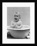 1940s Smiling Baby In Bath Covered In Soap Suds Laughing Holding Toy by Anonymous