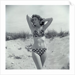 1950s Brunette Bathing Beauty In Polka Dot Bikini Standing In Sand With Hands Behind Head Looking At Camera by Anonymous