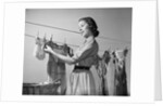1950s Smiling Woman Housewife Hanging Wash Child Dress On Clothesline To Dry by Anonymous