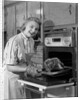 1950s Smiling Woman Housewife Wearing Apron Taking Large Roast Beef From Electric Oven In Kitchen Looking At Camera by Anonymous