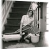 1960s 1970s Exhausted Housewife Sitting At Bottom Of Stairs Surrounded By House Cleaning Equipment by Anonymous