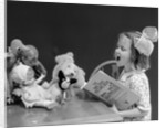 1930s Enthusiastic Little Girl Big Bow Ribbon In Her Hair Singing To Assembled Group Of Dolls Toys And Stuffed Animals by Anonymous