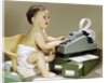 1960s Smiling Accountant Office Worker Baby Wearing Cloth Diaper Sitting In Chair Using Adding Machine Calculator by Anonymous