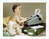 1960s Smiling Accountant Office Worker Baby Wearing Cloth Diaper Sitting In Chair Using Adding Machine Calculator by Anonymous