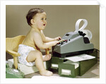 1960s Smiling Accountant Office Worker Baby Wearing Cloth Diaper Sitting In Chair Using Adding Machine Calculator by Anonymous