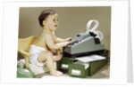 1960s Smiling Accountant Office Worker Baby Wearing Cloth Diaper Sitting In Chair Using Adding Machine Calculator by Anonymous