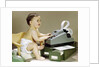 1960s Smiling Accountant Office Worker Baby Wearing Cloth Diaper Sitting In Chair Using Adding Machine Calculator by Anonymous