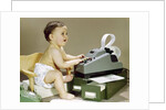 1960s Smiling Accountant Office Worker Baby Wearing Cloth Diaper Sitting In Chair Using Adding Machine Calculator by Anonymous