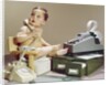 1960s Business Baby Sitting In Chair Holding Telephone With Calculator Adding Machine File Drawers Looking Back Over Shoulder by Anonymous
