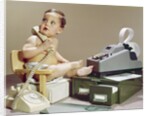 1960s Business Baby Sitting In Chair Holding Telephone With Calculator Adding Machine File Drawers Looking Back Over Shoulder by Anonymous