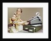 1960s Business Baby Sitting In Chair Holding Telephone With Calculator Adding Machine File Drawers Looking Back Over Shoulder by Anonymous