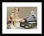 1960s Business Baby Sitting In Chair Holding Telephone With Calculator Adding Machine File Drawers Looking Back Over Shoulder by Anonymous