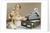 1960s Business Baby Sitting In Chair Holding Telephone With Calculator Adding Machine File Drawers Looking Back Over Shoulder by Anonymous
