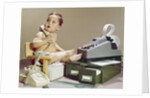 1960s Business Baby Sitting In Chair Holding Telephone With Calculator Adding Machine File Drawers Looking Back Over Shoulder by Anonymous