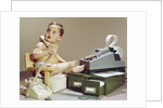 1960s Business Baby Sitting In Chair Holding Telephone With Calculator Adding Machine File Drawers Looking Back Over Shoulder by Anonymous