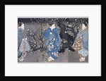An oban triptych depicting a nocturnal scene with three Bijin by Utagawa Kuniyoshi