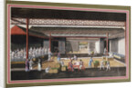 A Chinese export ricepaper painting depicting a storage house interior with figures packaging and weighing tea crates by Anonymous