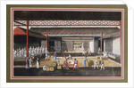 A Chinese export ricepaper painting depicting a storage house interior with figures packaging and weighing tea crates by Anonymous