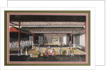 A Chinese export ricepaper painting depicting a storage house interior with figures packaging and weighing tea crates by Anonymous