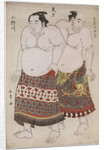 Full-length portraits of wrestlers from the Eastern Group, Uzugafuchi on the right and Onogawa on the left by Katsukawa Shunsho