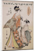A full-length portrait of the courtesan Somenosuke accompanied by two Kamuro by Chobunsai Eishi