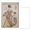 A full-length portrait of the courtesan Somenosuke accompanied by two Kamuro by Chobunsai Eishi