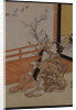 Two women seated by a verandah, one pointing at geese in flight, beyond a flowering plum tree outside by Suzuki Harunobu