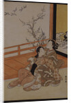 Two women seated by a verandah, one pointing at geese in flight, beyond a flowering plum tree outside by Suzuki Harunobu