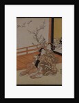 Two women seated by a verandah, one pointing at geese in flight, beyond a flowering plum tree outside by Suzuki Harunobu