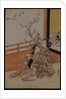 Two women seated by a verandah, one pointing at geese in flight, beyond a flowering plum tree outside by Suzuki Harunobu
