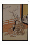 Two women seated by a verandah, one pointing at geese in flight, beyond a flowering plum tree outside by Suzuki Harunobu