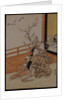 Two women seated by a verandah, one pointing at geese in flight, beyond a flowering plum tree outside by Suzuki Harunobu