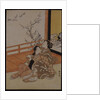 Two women seated by a verandah, one pointing at geese in flight, beyond a flowering plum tree outside by Suzuki Harunobu