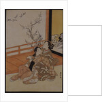 Two women seated by a verandah, one pointing at geese in flight, beyond a flowering plum tree outside by Suzuki Harunobu