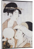 Bust portrait of two women, one holding a fan, the other with a head cover holding a tea cup by Kitagawa Utamaro