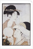 Bust portrait of two women, one holding a fan, the other with a head cover holding a tea cup by Kitagawa Utamaro