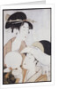 Bust portrait of two women, one holding a fan, the other with a head cover holding a tea cup by Kitagawa Utamaro