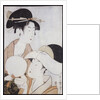 Bust portrait of two women, one holding a fan, the other with a head cover holding a tea cup by Kitagawa Utamaro