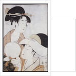 Bust portrait of two women, one holding a fan, the other with a head cover holding a tea cup by Kitagawa Utamaro