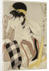 A half-length portrait of two women, one seated at a loom and the other showing a roll of black and white checkered cloth by Kitagawa Utamaro