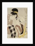 A half-length portrait of two women, one seated at a loom and the other showing a roll of black and white checkered cloth by Kitagawa Utamaro
