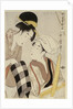 A half-length portrait of two women, one seated at a loom and the other showing a roll of black and white checkered cloth by Kitagawa Utamaro