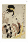 A half-length portrait of two women, one seated at a loom and the other showing a roll of black and white checkered cloth by Kitagawa Utamaro