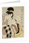 A half-length portrait of two women, one seated at a loom and the other showing a roll of black and white checkered cloth by Kitagawa Utamaro