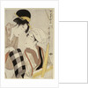 A half-length portrait of two women, one seated at a loom and the other showing a roll of black and white checkered cloth by Kitagawa Utamaro