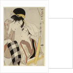 A half-length portrait of two women, one seated at a loom and the other showing a roll of black and white checkered cloth by Kitagawa Utamaro
