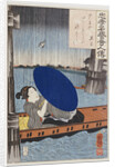 A young woman with a blue open umbrella in a boat between wooden bridge supports by Utagawa Kuniyoshi