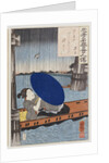 A young woman with a blue open umbrella in a boat between wooden bridge supports by Utagawa Kuniyoshi