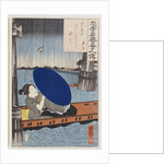 A young woman with a blue open umbrella in a boat between wooden bridge supports by Utagawa Kuniyoshi